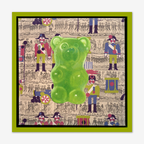 Artsuite - Jack Early Gummy Bear - Green - Original Painting - 13 x 13 inches. Early's lexicon is drawn from wondrous childhood memories, where ordinary things and events can leave long-lasting impressions and he composes experiences to communicate sweet remembrances of simpler times.