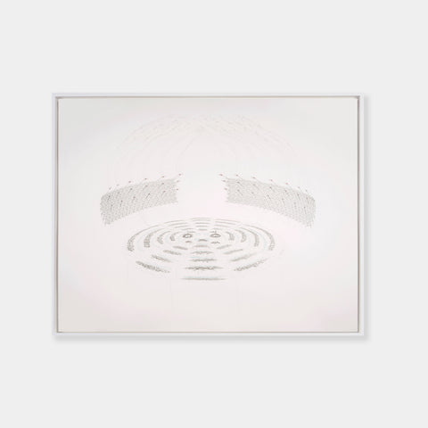 Artsuite - Two Large Waves - Original drawing by Michael Whittle made with ink, pencil and watercolour on paper.  58 × 71 inches.  Temple roof diagrams with two point interference patterns and debris.