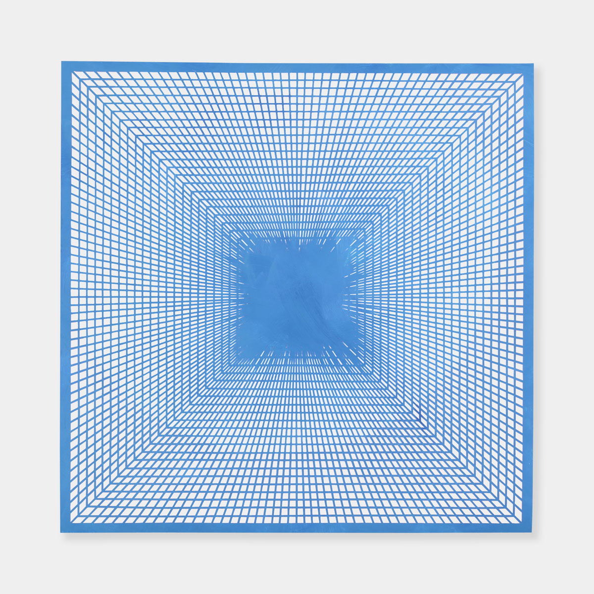 Artsuite - An original painting by Leigh Suggs. The artwork is hand cut out of light blue acrylic on yupo to form a symmetrical square intricate web.