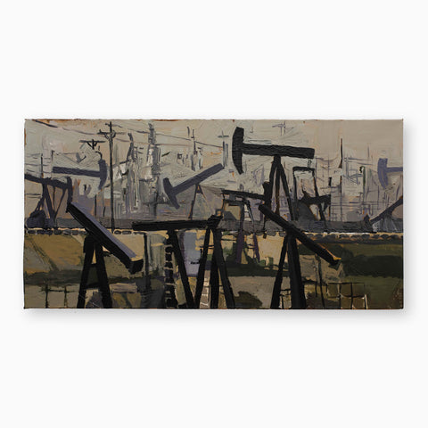 Artsuite - Jason Mitcham - Pumpjacks on Horizon - Using central themes of mapping, land use, growth and decay cycles, and historical layering, Jason explores the intricate interplay of social, political, and environmental forces embedded in the landscape. The artist's commitment to capturing the nuanced complexities of the American terrain breathes life into each canvas.