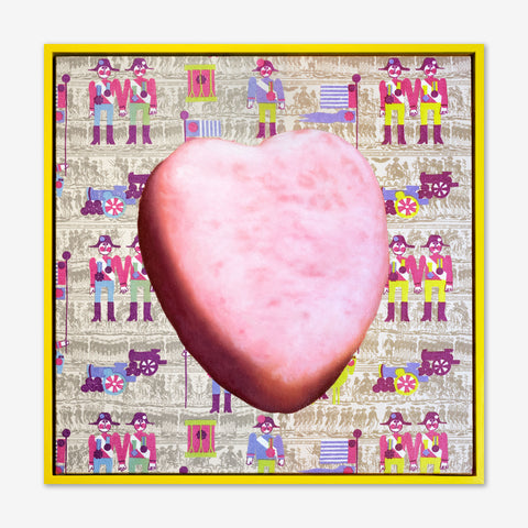 Artsuite - Jack Early - Magical Surprises Pink Heart - Lucky charms pink heart painted on top of Jack's childhood wallpaper that he changed so the boy toy soldiers were holding hands.  Yellow painted wood frame.