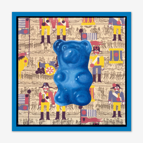 Artsuite - Jack Early Gummy Bear - Blue - Original Painting - 13 x 13 inches. Early's lexicon is drawn from wondrous childhood memories, where ordinary things and events can leave long-lasting impressions and he composes experiences to communicate sweet remembrances of simpler times.