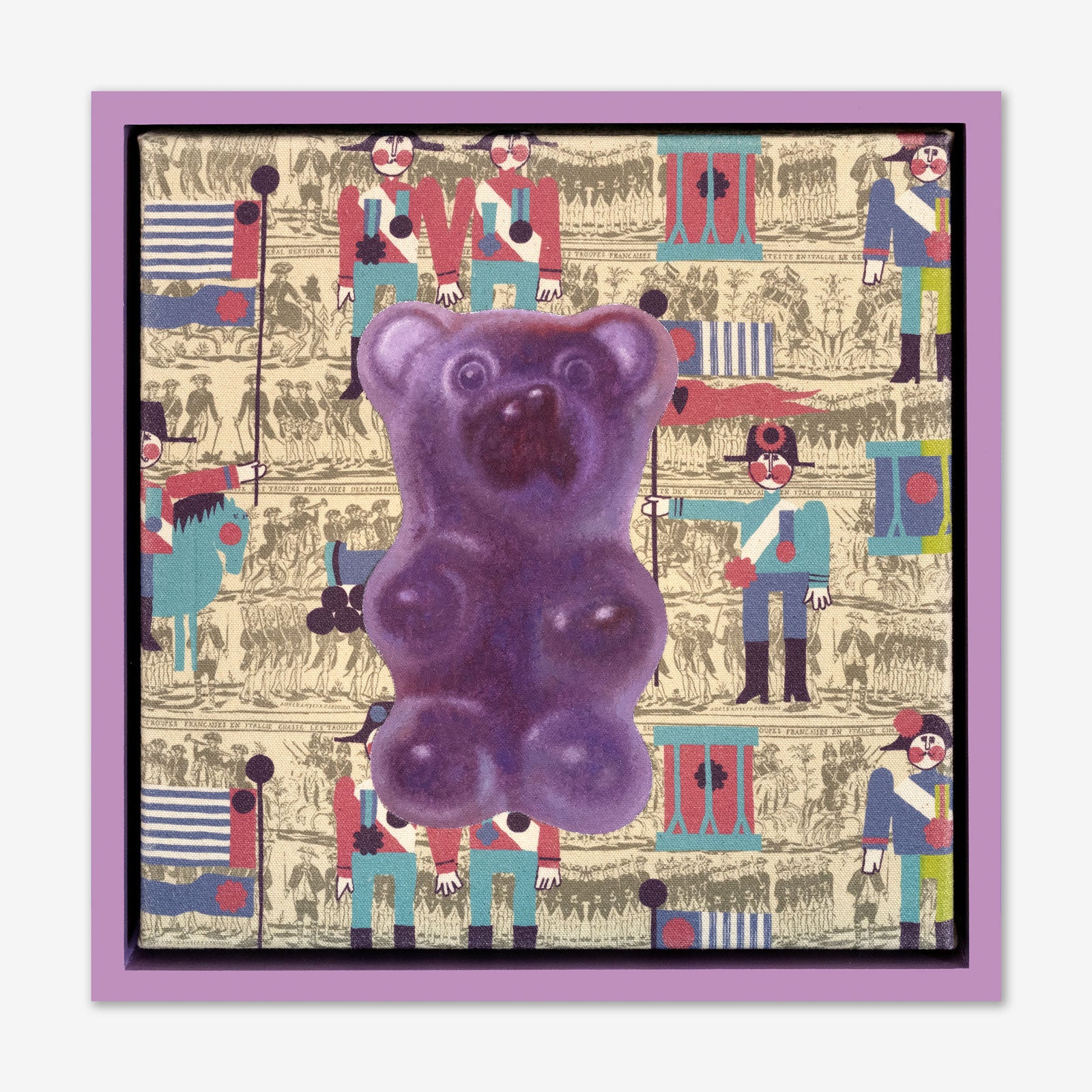 Artsuite - Jack Early Gummy Bear - Purple - Original Painting - 13 x 13 inches. Early's lexicon is drawn from wondrous childhood memories, where ordinary things and events can leave long-lasting impressions and he composes experiences to communicate sweet remembrances of simpler times.