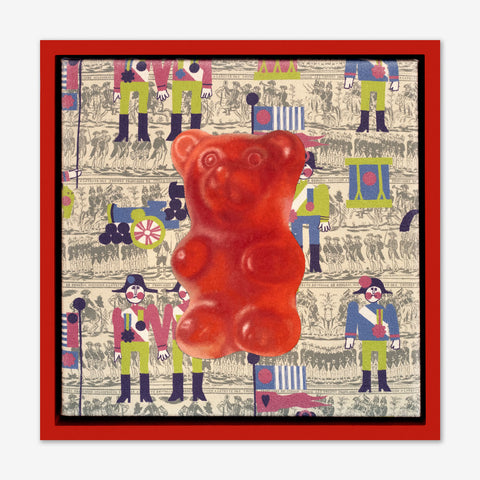 Artsuite - Jack Early Gummy Bear - Red - Original Painting - 13 x 13 inches. Early's lexicon is drawn from wondrous childhood memories, where ordinary things and events can leave long-lasting impressions and he composes experiences to communicate sweet remembrances of simpler times.