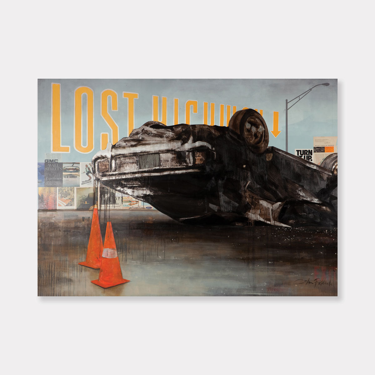 Artsuite - Lost Highway - Original artwork by Shaun Richards.  Oil and mixed media on canvas.  96×120 inches.  Richards’ work has broadly focused on political incentives, socio-economic issues, notions of beauty, and societal norms for the better part of a decade.  He has described it as a focus on our complicity and responsibility for the world in which we live—particularly those institutions, and paradigms that define contemporary western society.  