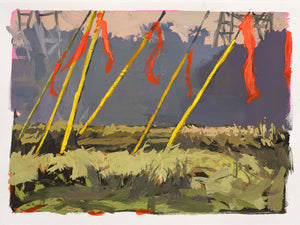 Jason Mitcham - Study for Survey Tape on Guy-Wire #2 - Jason Mitcham uses the visual language of land use and mapping to explore moments of transition in the landscape. Survey flagging and other elements foreshadow imminent development, while depictions of maps become pictorial devices that interrupt the image as seen from eye-level.