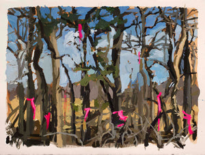 Artsuite - Jason Mitcham - Study for Survey Tape at Clearing Edge - Jason Mitcham uses the visual language of land use and mapping to explore moments of transition in the landscape. Survey flagging and other elements foreshadow imminent development, while depictions of maps become pictorial devices that interrupt the image as seen from eye-level.