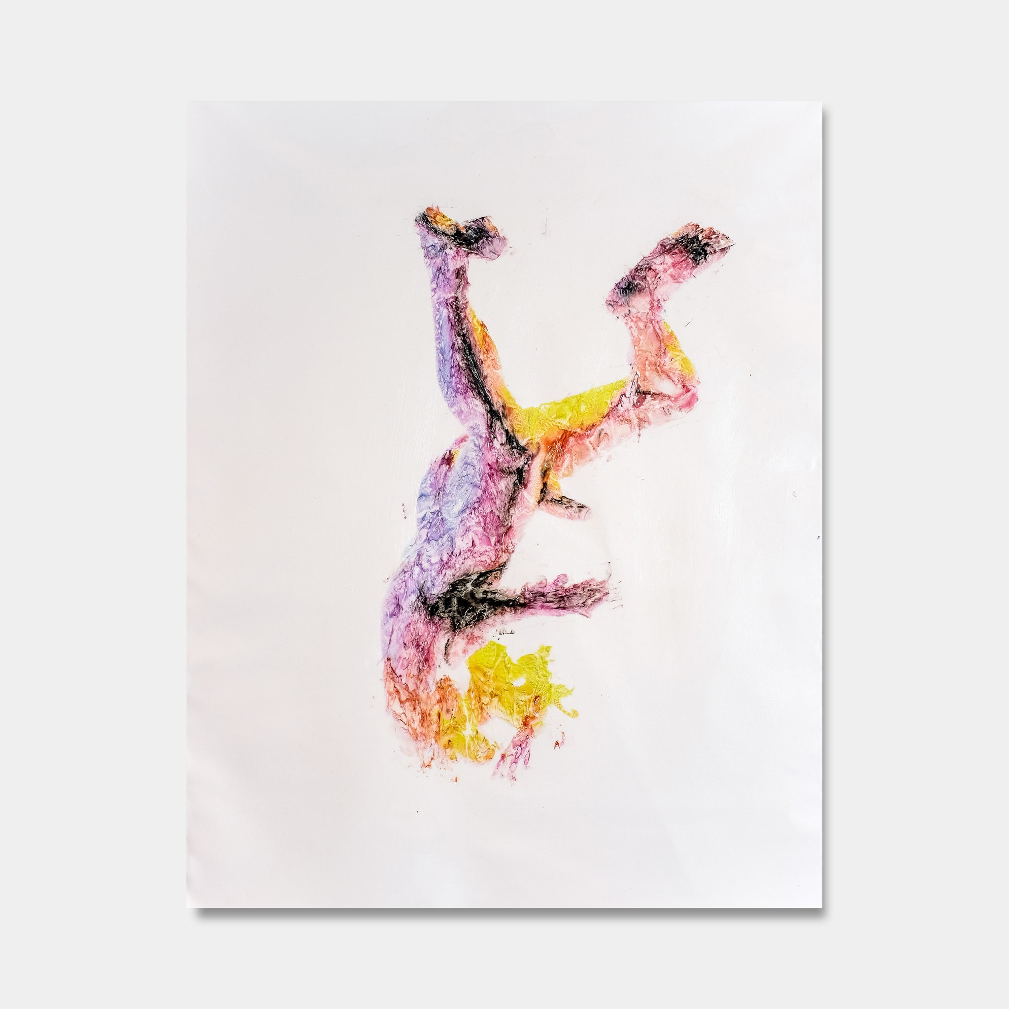 Artsuite - Temper is an original artwork by Tim Lytveninko showing himself static in the middle of a free fall .  Mixed media - pinks, yellow , purple pigment prints and acrylic paint on canvas.