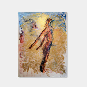 Artsuite - Memory 3 - Original artwork by Tim Lytvinenko. Mixed media made with pigment prints, acrylic paint, and gel on canvas.  Gold, blue, red, yellow abstract depiction of a nude man.  110 x 80 inches.