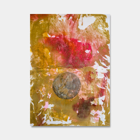 Artsuite - Moons Equilibrium 2 - Original artwork by Tim Lytvinenko.  Abstract mixed media of the moon in gold, red, and white metallic photo paper, paint, and gel on canvas.  55 x 45  inches.