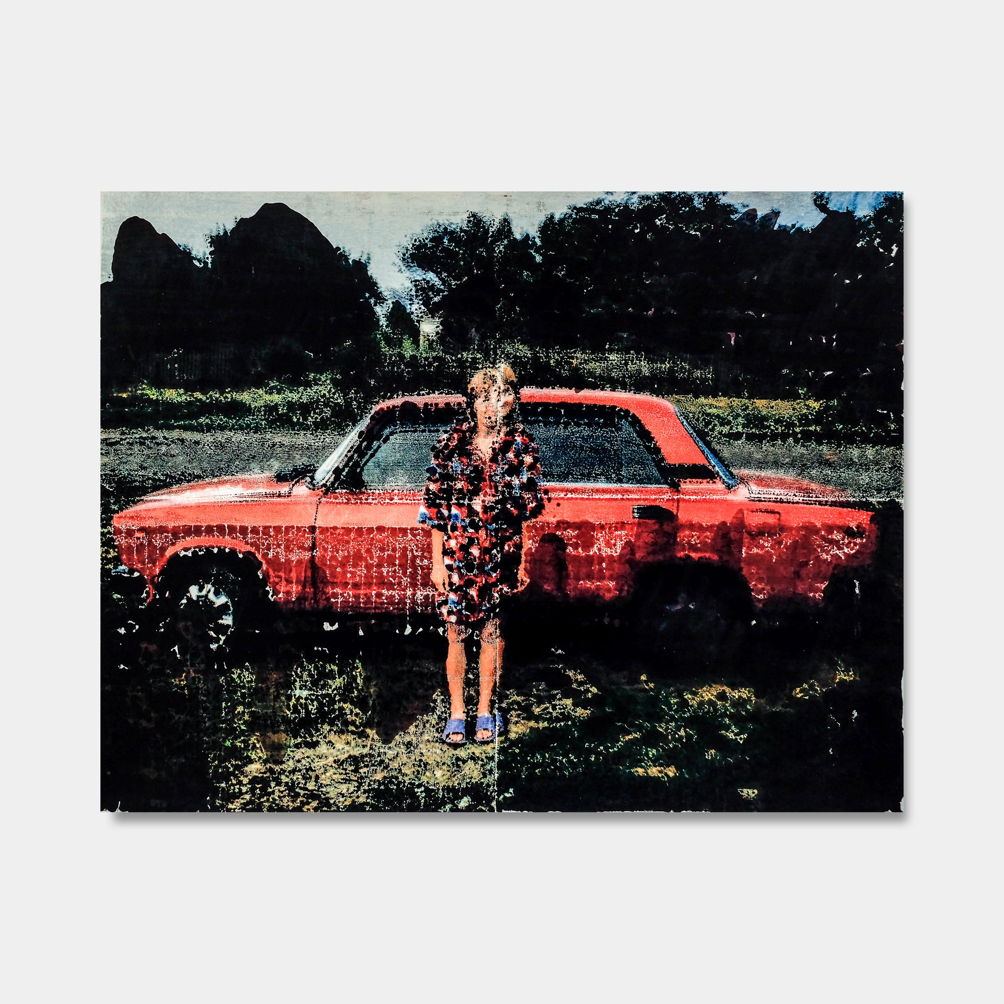 Artsuite - Red Car - Original artwork by Tim Lytvinenko of a boy standing in front of a red car.  Photograph - photo transfer on archival paper.   22 x 17 inches.