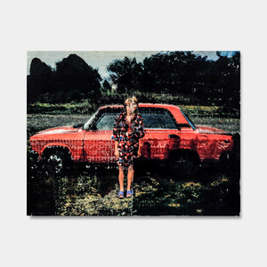 Artsuite - Red Car - Original artwork by Tim Lytvinenko of a boy standing in front of a red car.  Photograph - photo transfer on archival paper.   22 x 17 inches.