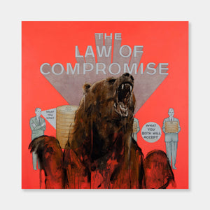 Artsuite - The Law of Compromise - Original artwork by Shaun Richards.  Oil and mixed media on canvas.  42×42 inches.  Richards’ work has broadly focused on political incentives, socio-economic issues, notions of beauty, and societal norms for the better part of a decade.  He has described it as a focus on our complicity and responsibility for the world in which we live—particularly those institutions, and paradigms that define contemporary western society.