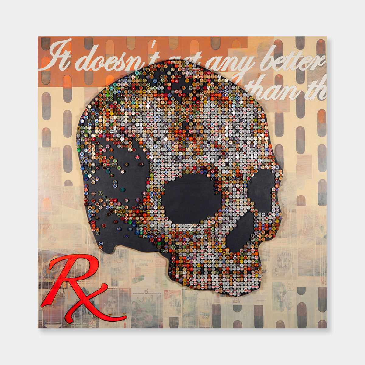 Artsuite - Shimmer Skull - Original artwork by Shaun Richards.  Oil and mixed media on canvas.  96×96 inches.  Richards’ work has broadly focused on political incentives, socio-economic issues, notions of beauty, and societal norms for the better part of a decade.  He has described it as a focus on our complicity and responsibility for the world in which we live—particularly those institutions, and paradigms that define contemporary western society.